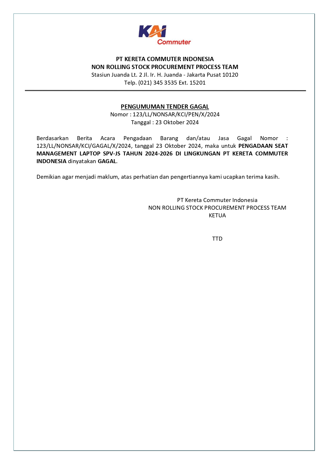 6 pengumuman tender gagal 123 pengadaan seat management laptop spv js tahun 2024 2026 di lingkungan pt kci page 0001